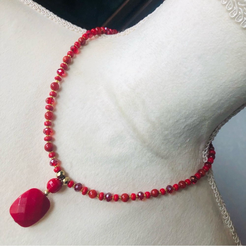 Handcrafted repurpose carnelian glass faceted drop beaded necklace